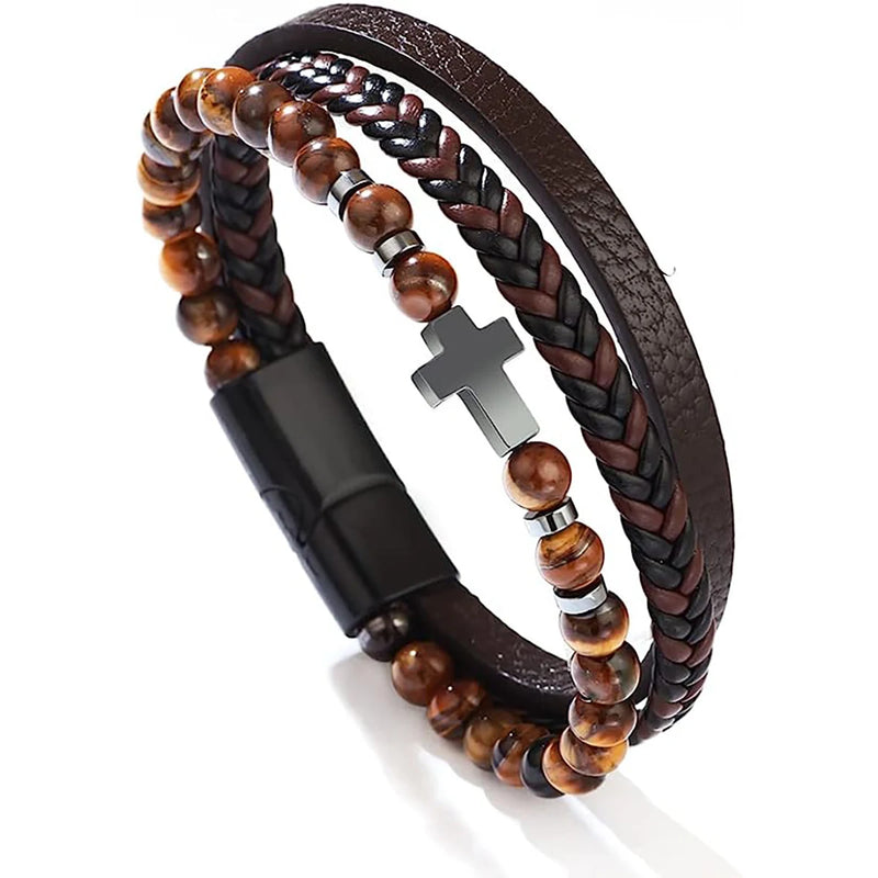 Pulseira Masculina de Pedra Natural com Cruz