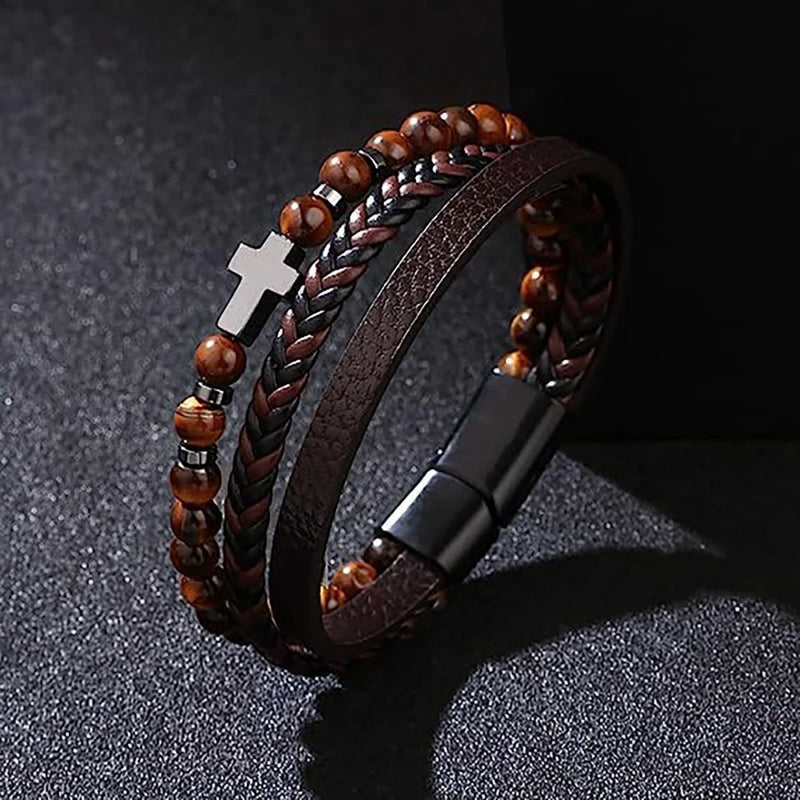 Pulseira Masculina de Pedra Natural com Cruz